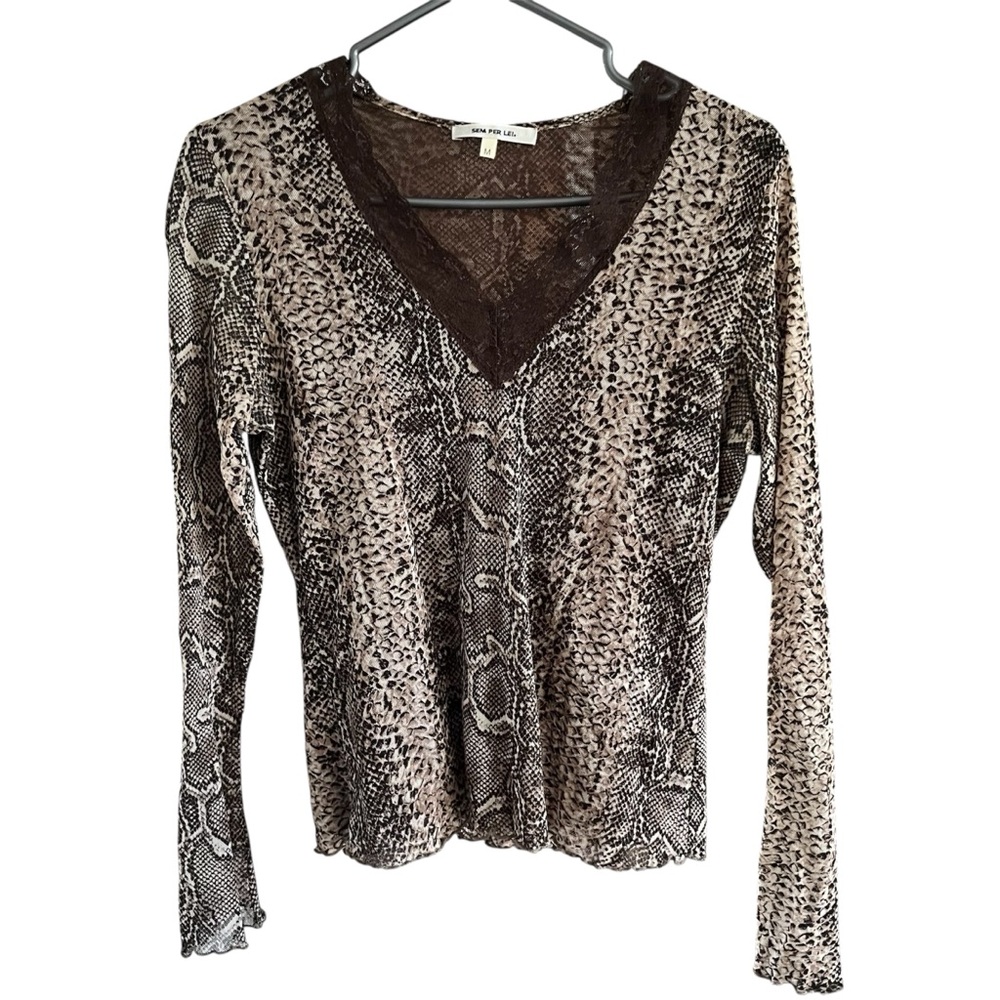 Y2K Brown Snake Print and Lace Mesh Long Sleeve Top